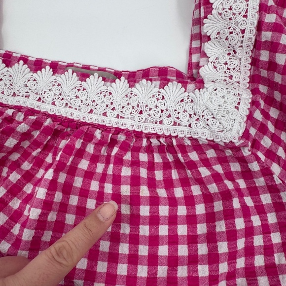 Woman Within Top Women 3X Pink Gingham Cottage Embroidered 3/4 Sleeves Square - Picture 2 of 13